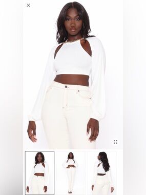 Fashion Nova White Long-Sleeve Crop Top with Gold Chain Accent